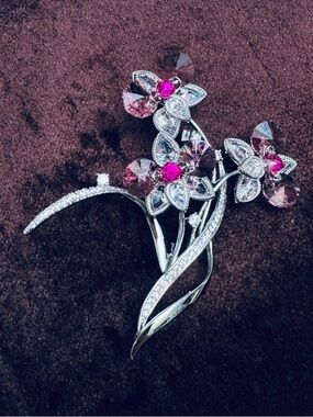 Silver Floral Brooch with Pink Crystal Flowers